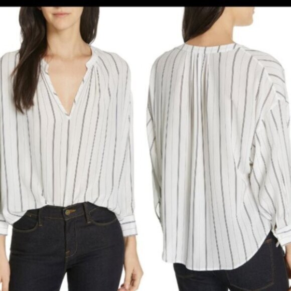 Joie 100% Silk V Neck Blouse Size XS Striped White Black Classic Workcore - Picture 11 of 11
